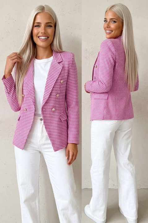 Elegancka, dopasowana dwurzędowa damska marynarka z delikatnym wzorem w kratę i klasycznymi klapami BELAVENZA PINK, Kolor : biały z różowym, IVET.PL - Modna odzież
