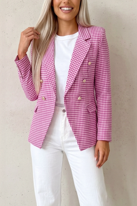 elegancka, dopasowana dwurzędowa damska marynarka z delikatnym wzorem w kratę i klasycznymi klapami BELAVENZA PINK