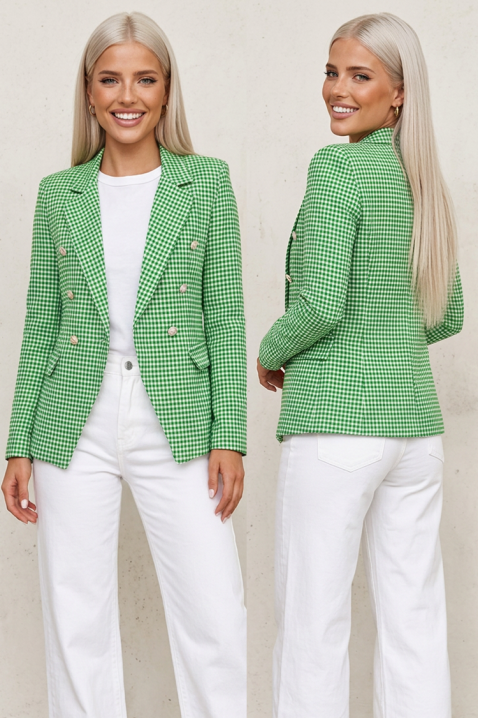 Elegancka, dopasowana damska marynarka dwurzędowa z delikatną kratką i klasycznymi klapami BELAVENZA GREEN, Kolor : biały z zielonym, IVET.PL - Modna odzież