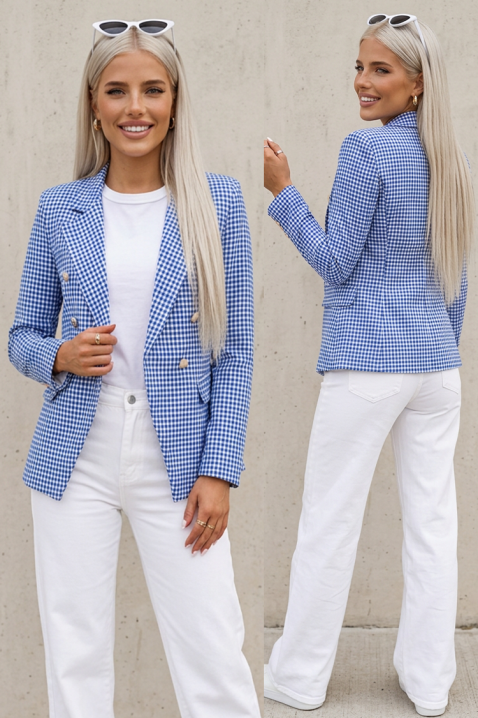 Elegancka, taliowana damska marynarka dwurzędowa z delikatną kratką i klasycznymi klapami BELAVENZA BLUE, Kolor : biały z granatowym, IVET.PL - Modna odzież