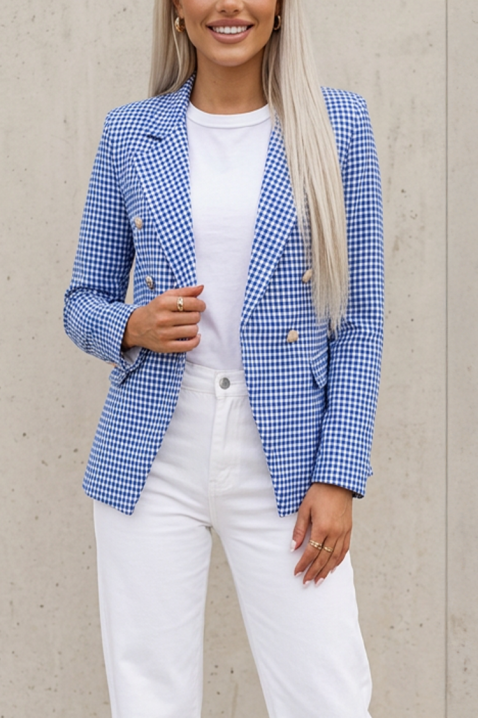 elegancka, taliowana damska marynarka dwurzędowa z delikatną kratką i klasycznymi klapami BELAVENZA BLUE