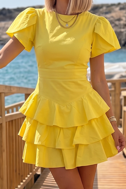 Krótka sukienka z podkreśloną talią i falbankami ZOLVENA YELLOW, Kolor : żółty, IVET.PL - Modna odzież
