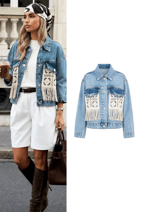 Modna damska kurtka jeansowa z dekoracyjnymi elementami i frędzlami ABERTINA SKY, Kolor : denim, IVET.PL - Modna odzież