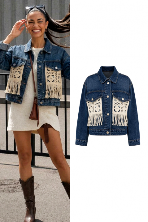 Modna damska kurtka jeansowa z ozdobnymi elementami i frędzlami ABERTINA BLUE, Kolor : denim, IVET.PL - Modna odzież