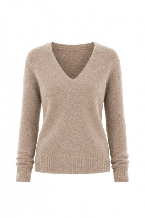 Dopasowany damski sweter z dekoltem w serek BAREMIA BEIGE, Kolor :  beżowy, IVET.PL - Modna odzież