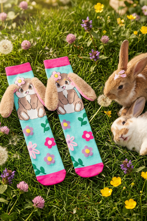 Dziecięce podkolanówki z 3D nadrukiem króliczka i miękkimi uszkami AQUA BUNNY, Kolor : błękitny, IVET.PL - Modna odzież
