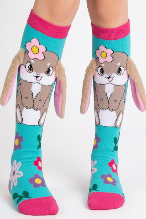 Dziecięce podkolanówki z 3D nadrukiem króliczka i miękkimi uszkami AQUA BUNNY, Kolor : błękitny, IVET.PL - Modna odzież