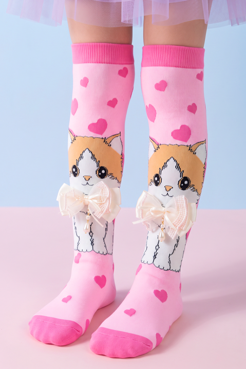 Dziecięce podkolanówki z 3D nadrukiem kotka i miękką kokardką KITTY LOVE, Kolor : różowy, IVET.PL - Modna odzież