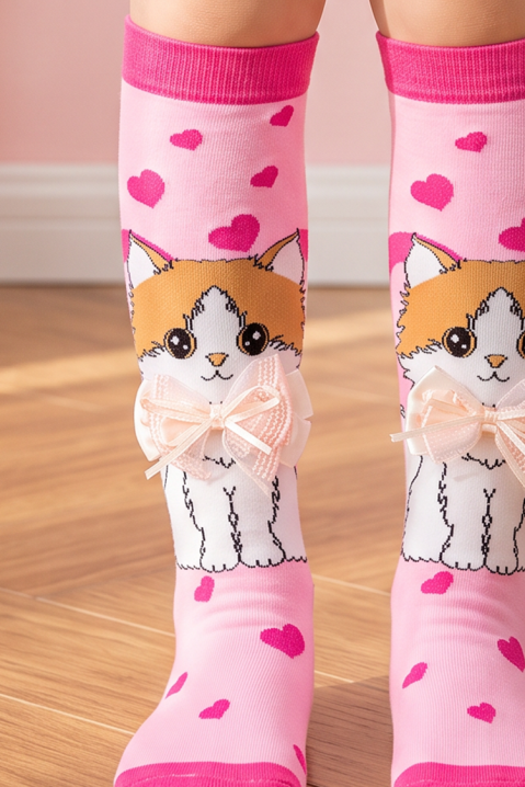 Dziecięce podkolanówki z 3D nadrukiem kotka i miękką kokardką KITTY LOVE, Kolor : różowy, IVET.PL - Modna odzież