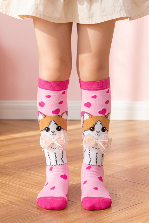Dziecięce podkolanówki z 3D nadrukiem kotka i miękką kokardką KITTY LOVE, Kolor : różowy, IVET.PL - Modna odzież