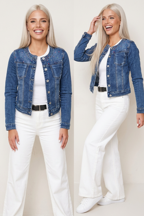 Damska kurtka jeansowa z ozdobnymi koralikami i kieszeniami MARLITA, Kolor : denim, IVET.PL - Modna odzież