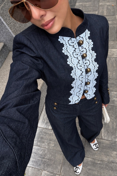 Damski zestaw denimowy z dekoracyjną koronką i złotymi guzikami MADJENA, Kolor : denim, IVET.PL - Modna odzież