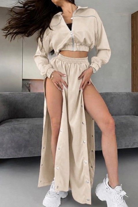 Damski zestaw trzyczęściowy z krótką kurtką, szerokimi spodniami i topem HRISANIA BEIGE, Kolor :  beżowy, IVET.PL - Modna odzież