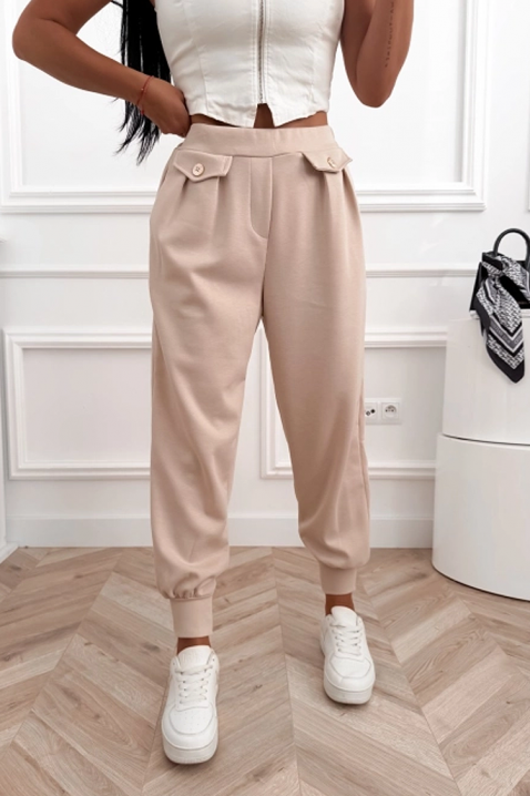 Sportowo-eleganckie spodnie z wysokim stanem i elastycznymi mankietami AMARIATA BEIGE, Kolor :  beżowy, IVET.PL - Modna odzież