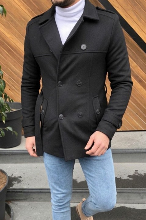 Elegancki męski płaszcz z klasycznym kołnierzem z klapami, dwurzędowym zapięciem i paskiem TORONTO BLACK, Kolor : czarny, IVET.PL - Modna odzież