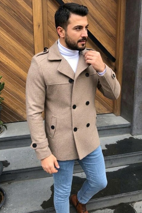 Elegancki męski płaszcz z klasycznym kołnierzem z klapami i dwurzędowym zapięciem z paskiem TORONTO CAMEL, Kolor : jasnobrązowy, IVET.PL - Modna odzież