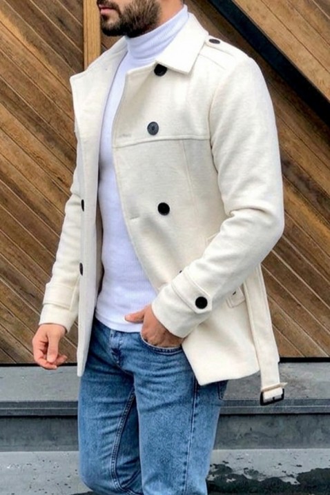 Elegancki męski płaszcz z klasycznym kołnierzem z klapami i dwurzędowym zapięciem oraz paskiem TORONTO ECRU, Kolor : ecru, IVET.PL - Modna odzież