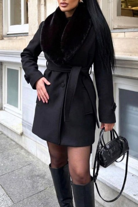 Elegancki damski płaszcz typu wrap z puszystym kołnierzem DOLNEVA BLACK, Kolor : czarny, IVET.PL - Modna odzież