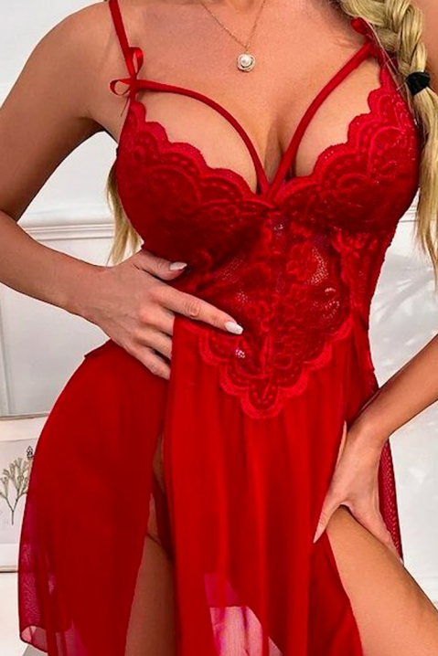Przezroczysta erotyczna mini koszulka nocna z koronką i stringami MARLINETA RED, Kolor : czerwony, IVET.PL - Modna odzież