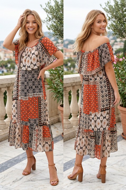 Zwiewna sukienka midi z opuszczonymi ramionami i boho printem MAZMENA RED, Kolor : wielokolorowy, IVET.PL - Modna odzież
