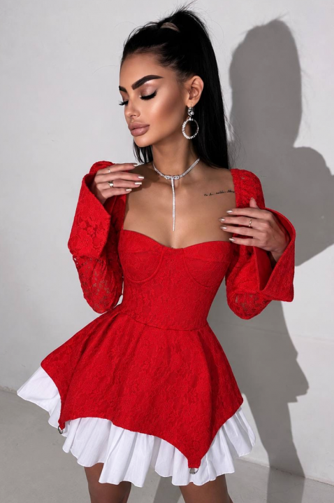 Mini sukienka z efektem gorsetu i bufiastymi rękawami GESIELA RED, Kolor : czerwony, IVET.PL - Modna odzież