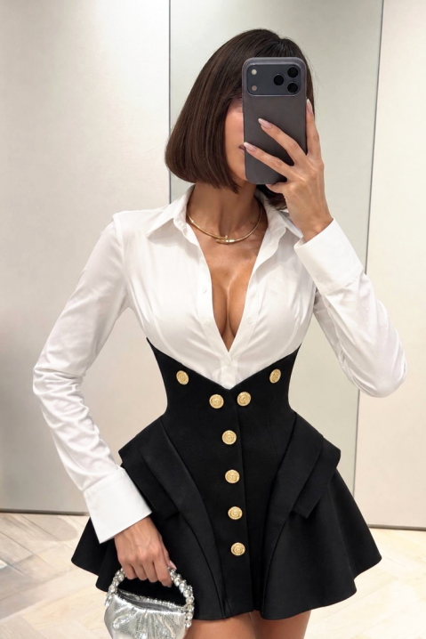 Elegancka sukienka mini koszulowa z efektem gorsetu MALEMINA, Kolor : czarny z białym, IVET.PL - Modna odzież