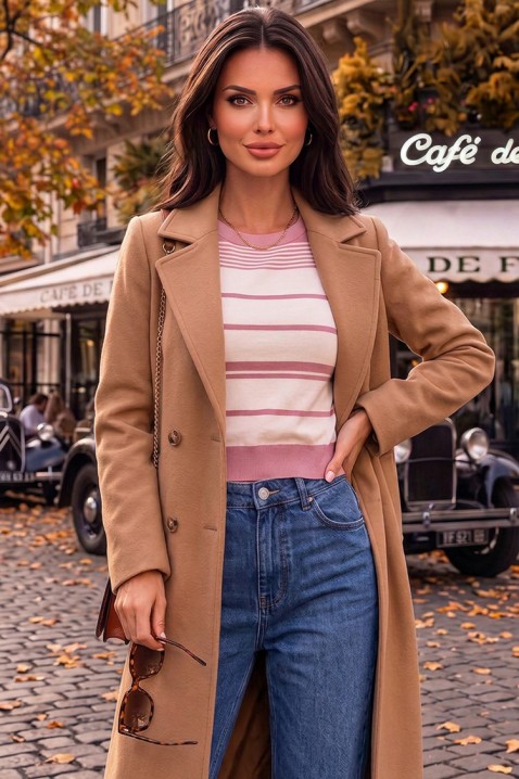 Damski dzianinowy top w paski z szeroką lamówką PANESIA PINK, Kolor : różowy, IVET.PL - Modna odzież