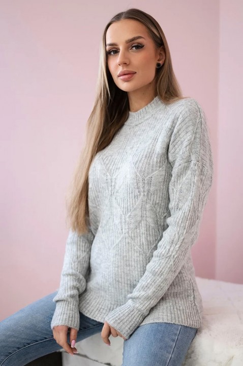Damski wełniany sweter z akcentowym splotem LEANETA GREY, Kolor : szary, IVET.PL - Modna odzież