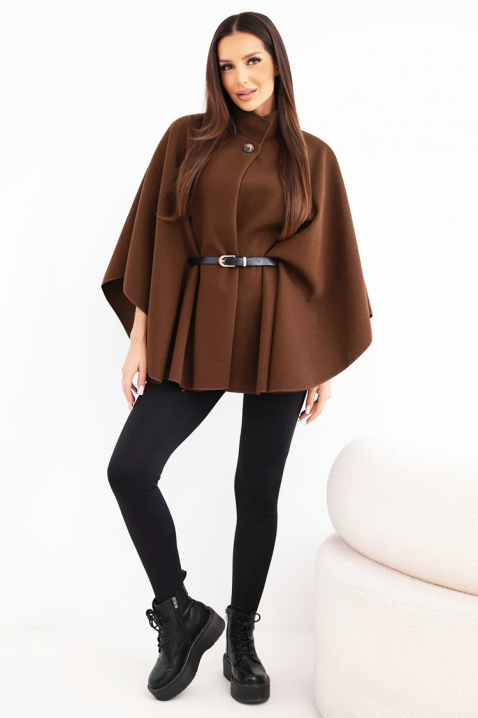 Eleganckie damskie ponczo z wysokim kołnierzem i paskiem AVESINA BROWN, Kolor : brązowy, IVET.PL - Modna odzież