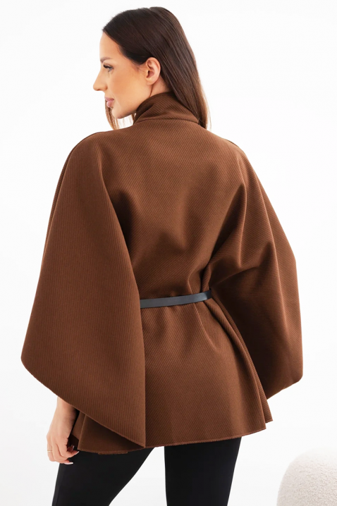 Eleganckie damskie ponczo z wysokim kołnierzem i paskiem AVESINA BROWN, Kolor : brązowy, IVET.PL - Modna odzież