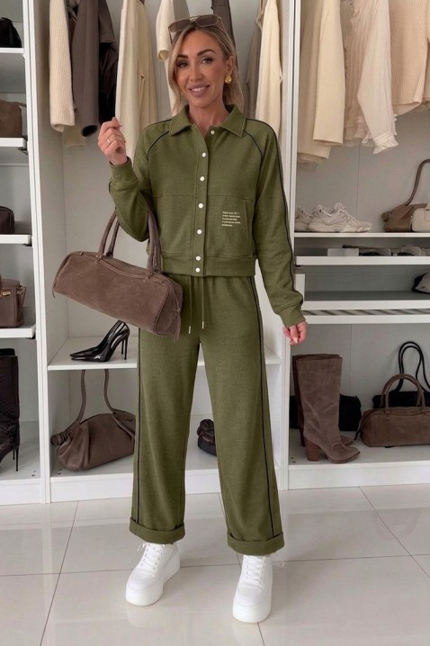Damski sportowo-elegancki komplet z krótką kurtką i spodniami jogger LAMONIA KHAKI, Kolor : khaki, IVET.PL - Modna odzież