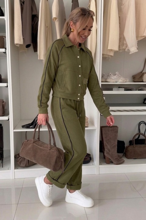 Damski sportowo-elegancki komplet z krótką kurtką i spodniami jogger LAMONIA KHAKI, Kolor : khaki, IVET.PL - Modna odzież