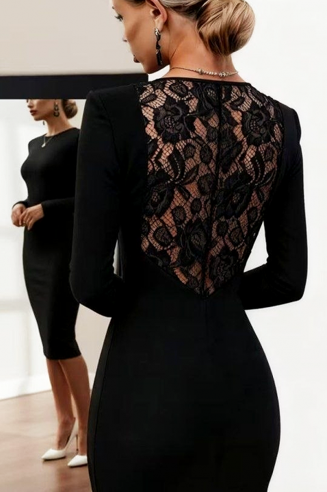 Elegancka dopasowana sukienka midi podkreślająca sylwetkę z koronkowym tyłem LEMENIA BLACK, Kolor : czarny, IVET.PL - Modna odzież