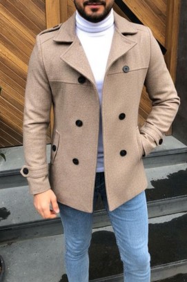 elegancki męski płaszcz z klasycznym kołnierzem z klapami i dwurzędowym zapięciem z paskiem TORONTO CAMEL