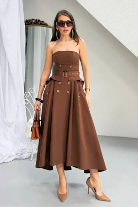 Elegancka, długa, asymetryczna sukienka z efektem gorsetu FLORENTIA BROWN