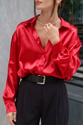 Elegancka satynowa koszula damska z długim rękawem AYANDA RED