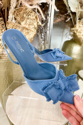 Eleganckie buty damskie z noskiem w szpic, ozdobną wstążką i cienkim obcasem TYNELA BLUE