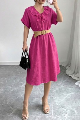 Efektowna sukienka midi z falbankami i kołnierzykiem VIREMORA FUCHSIA