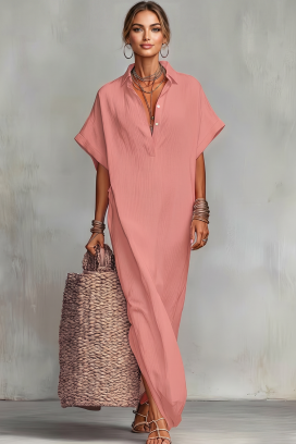 Lniana sukienka z dekoltem V-neck JADANA PINK