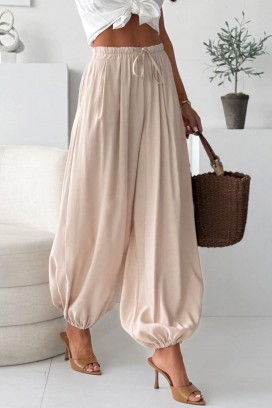 Damskie letnie spodnie balonowe z wysokim stanem DALYNA BEIGE