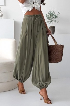 Damskie letnie spodnie balonowe z wysokim stanem DALYNA KHAKI