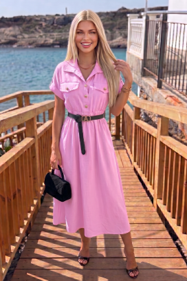 Letnia sukienka midi w stylu safari z guzikami i paskiem SAFARINA PINK