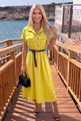 Letnia sukienka midi w stylu safari z guzikami i paskiem SAFARINA YELLOW