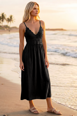 Letnia sukienka midi w stylu boho z dzianinowym gorsetem SOLANIA BLACK