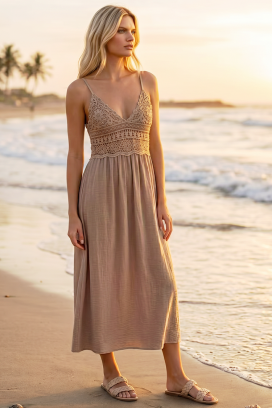 Letnia sukienka midi w stylu boho z dzianinowym gorsetem SOLANIA BEIGE