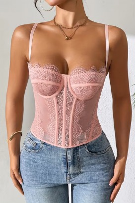 Gorset damski z delikatnej koronki i cienkimi ramiączkami KROELIA PINK