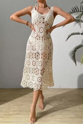 Dzianinowa sukienka plażowa midi w stylu boho KALISIMA ECRU
