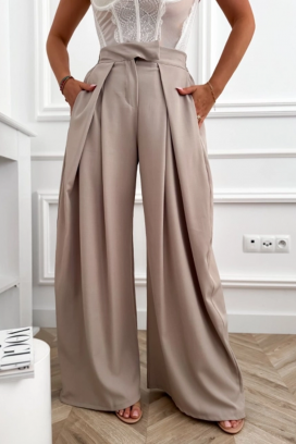 Eleganckie spodnie damskie z wysokim stanem i szerokimi nogawkami JOLYNE BEIGE