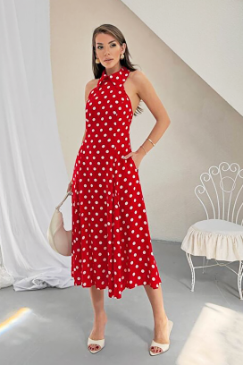 Damska sukienka midi w groszki z odkrytymi plecami i eleganckim krojem NOVENTRA RED