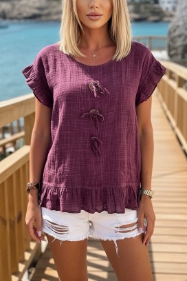 Bluzka z ozdobnymi wiązaniami, falbankami i zwiewnym, boho lookiem DORINZA RASPBERRY